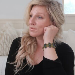 Vintage Kramer of NY Wide Runway Bracelet Green Blue Rhinestone Cluster Gorgeous